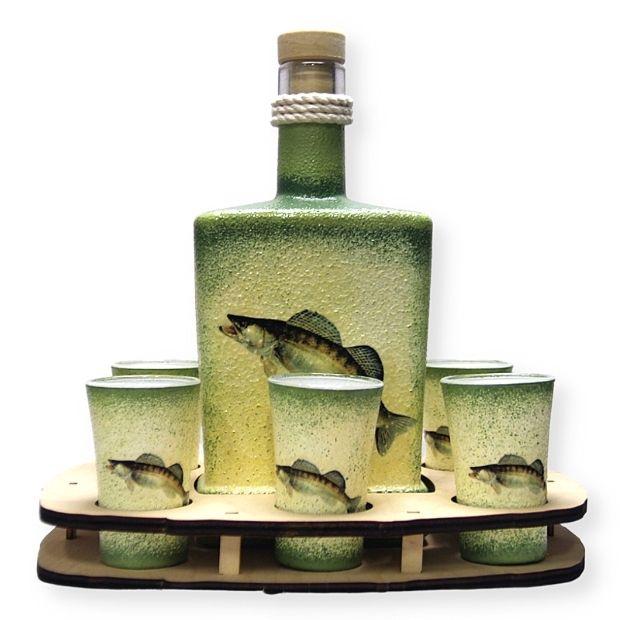 Nagy pálinkás kínáló szett süllő motívummal - horgászoknak