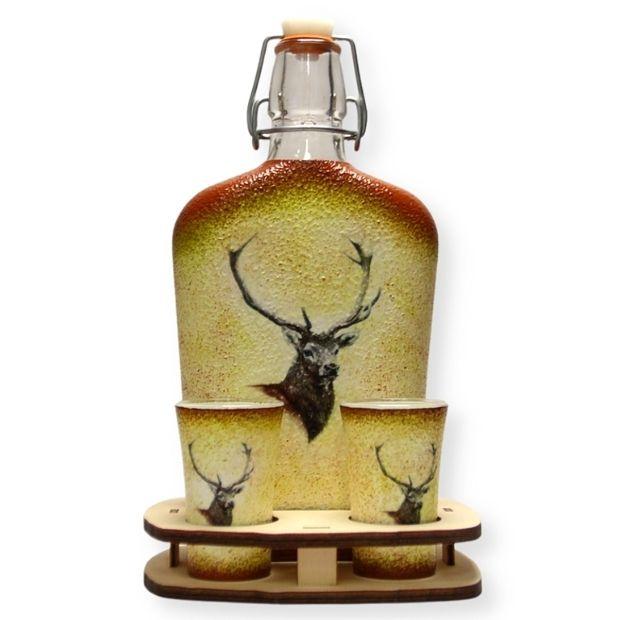 Vadászoknak - Szarvas mintás pálinka kínáló 2 pohárral