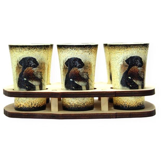 Vadászkutya motívummal díszített snapszos pohár készlet