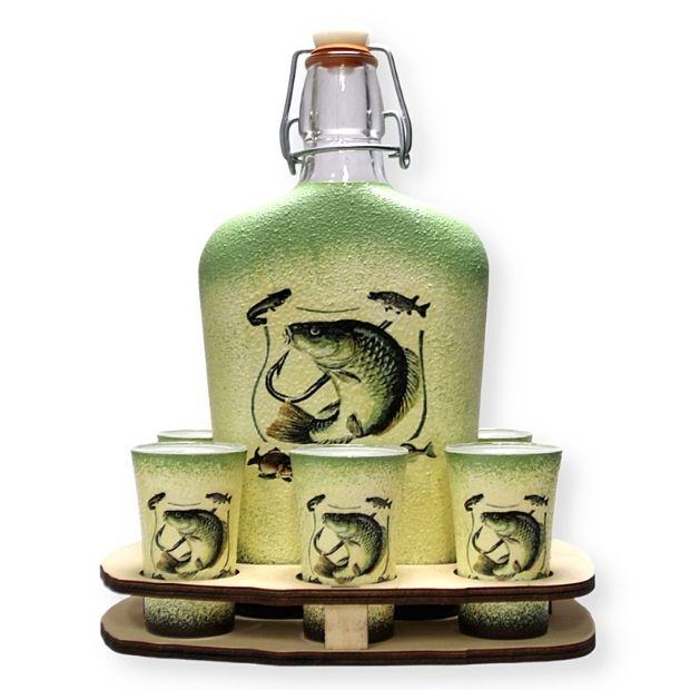 Horgász motívummal díszített  pálinka kínáló szett - egyedi kézműves ajándék horgászoknak