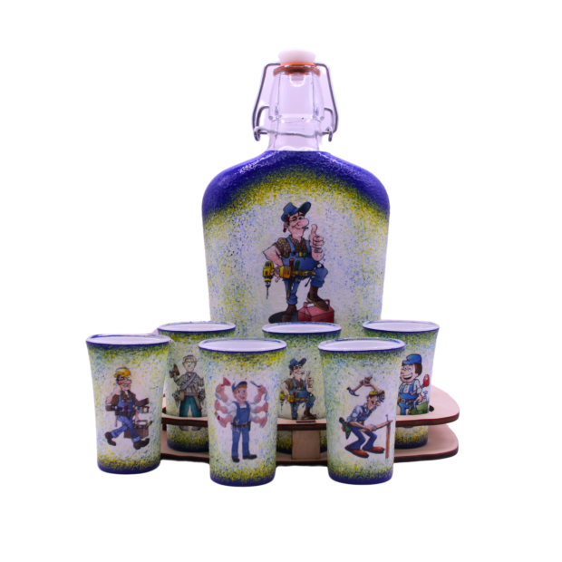 Humoros ábrákkal díszített pálinka kínáló  szett barkácsolóknak - 6 klf pohárral