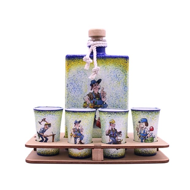 Humoros ábrákkal díszített pálinka kínáló  szett barkácsolóknak - 4 klf pohárral
