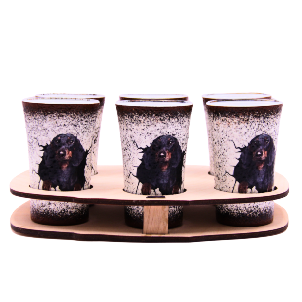 Pálinka kínáló szett 3D tacskó  fotóval  - egyénre szabható ajándék